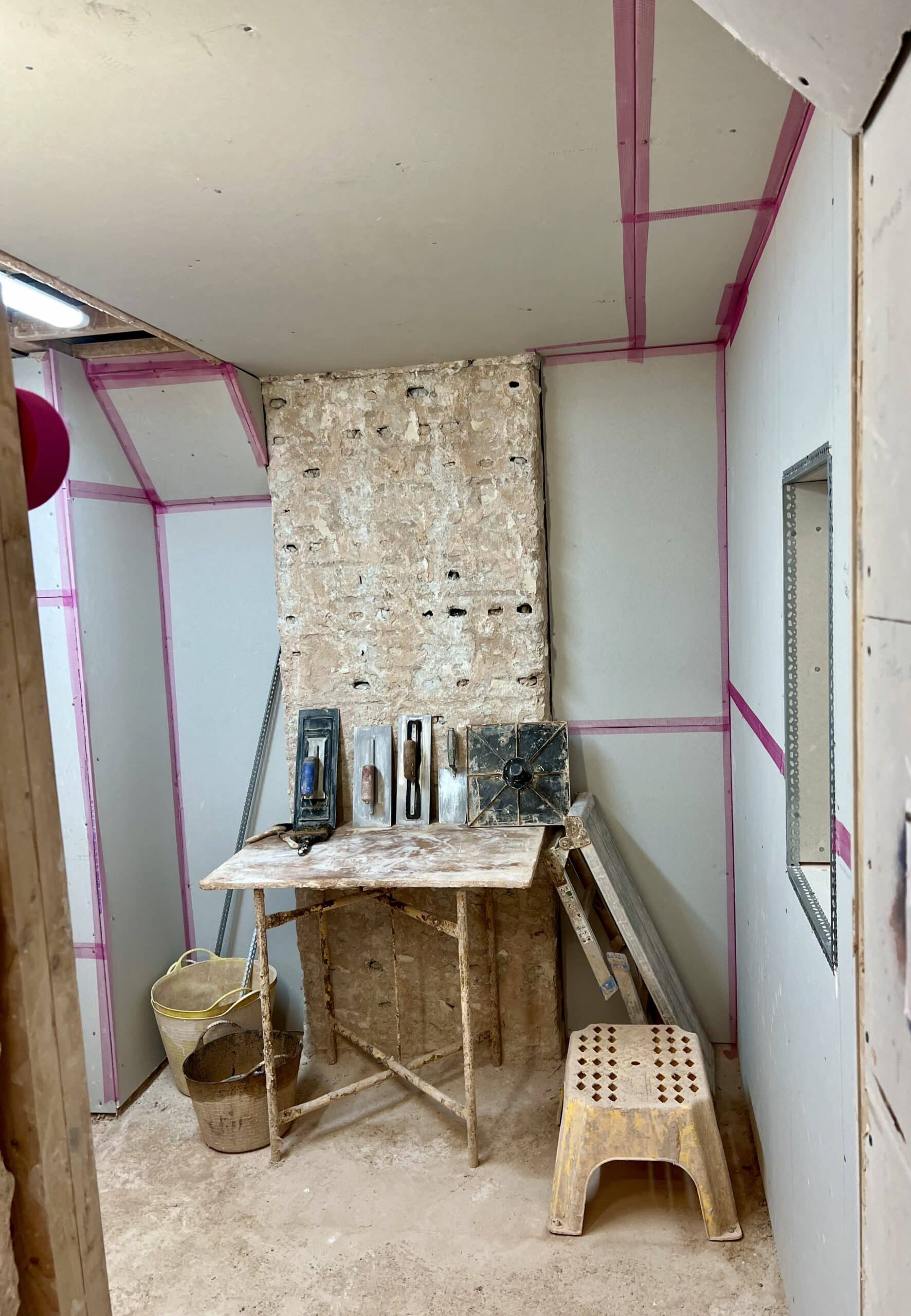 plastering training bay with plaster boards fitted and scrim tape fitted
